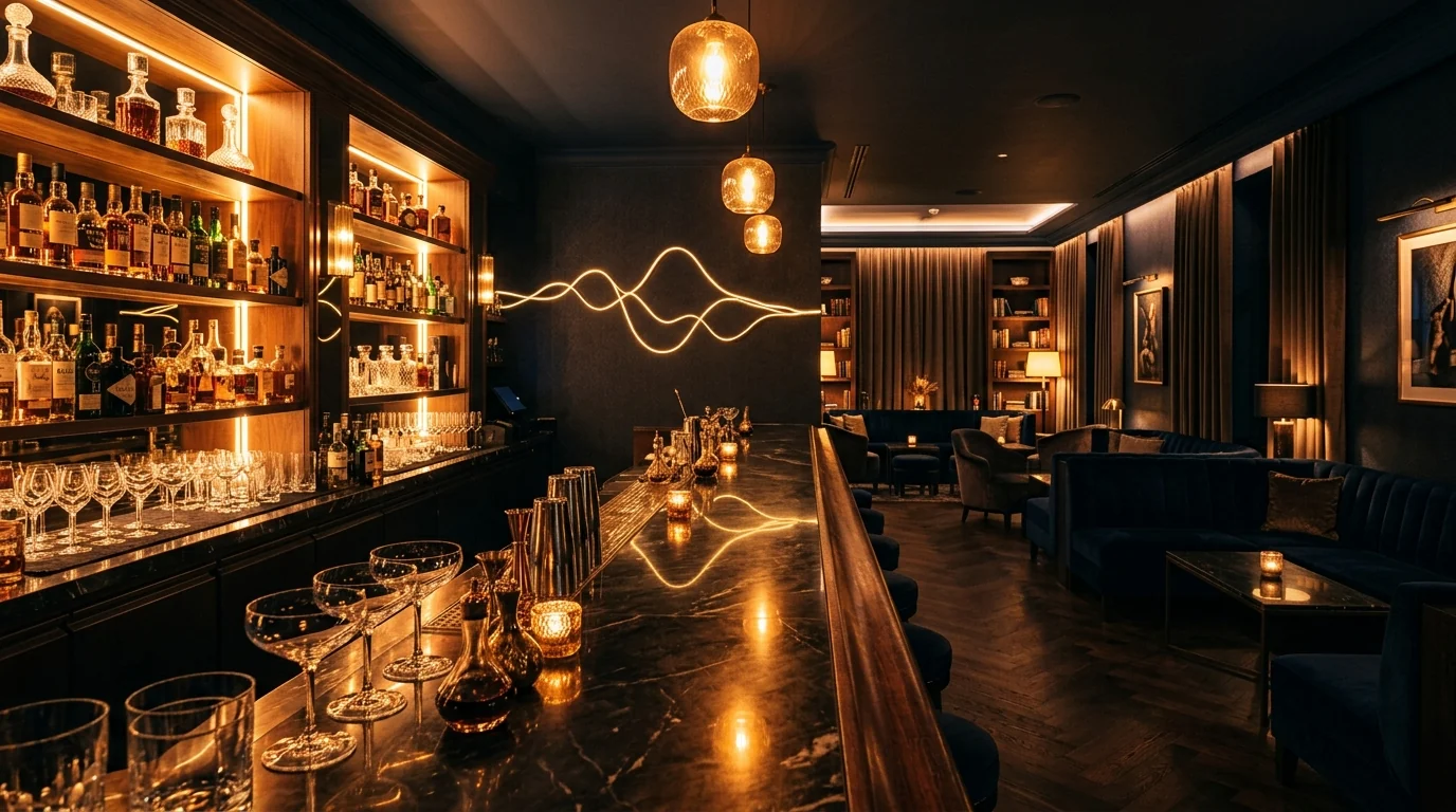 Evening bar interior with warm background music ambience