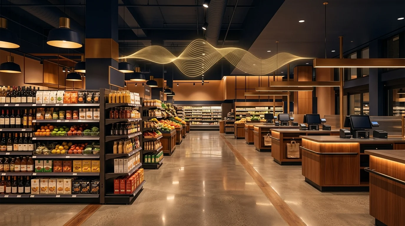 Retail checkout area with calm controlled background music ambience