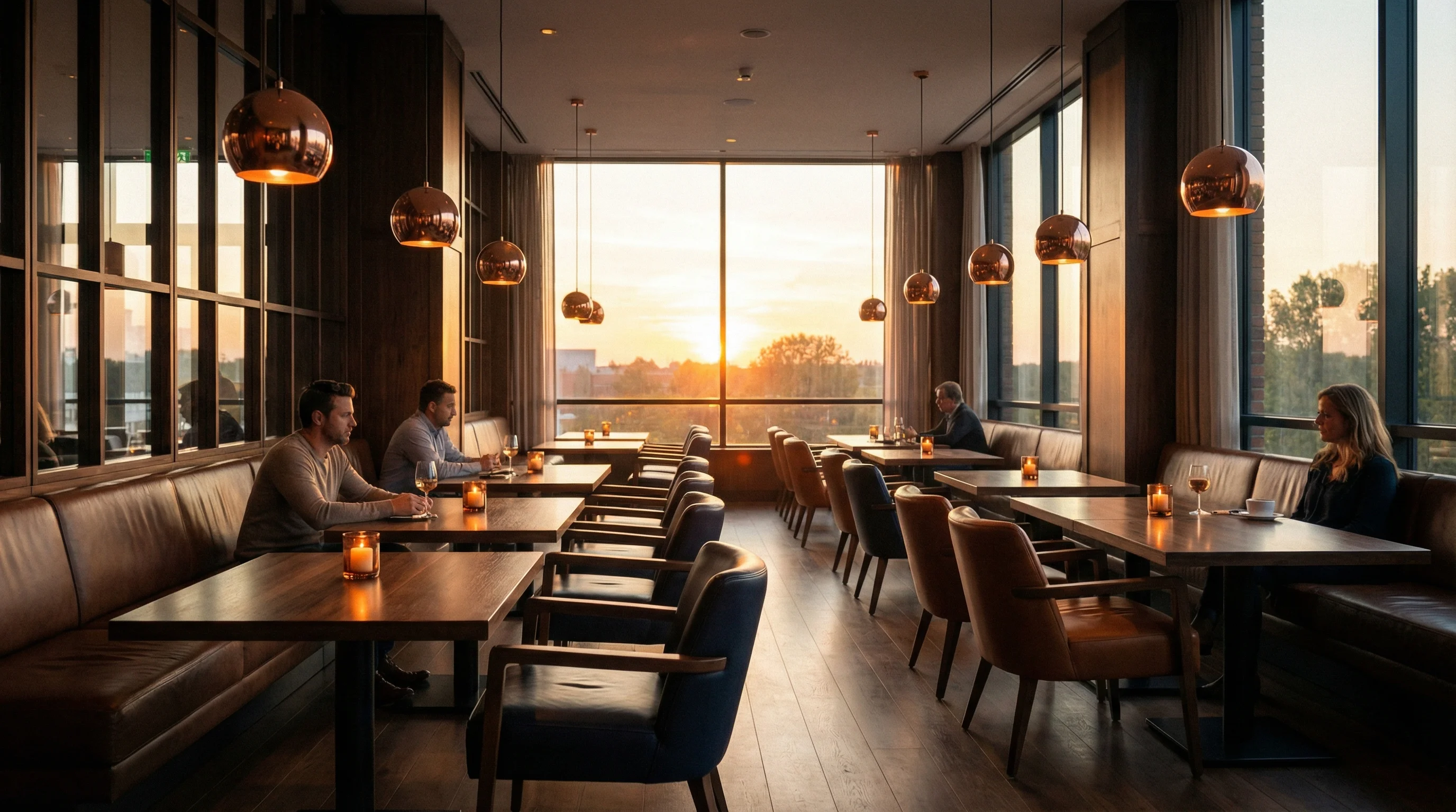 Gastraum eines Cafés mit warmem Abendlicht und Kupferlampen